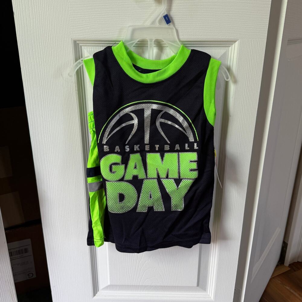 Tuff Guys kids 2T basketball shorts set. Black & neon green. Tank top & shorts